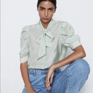 Zara Tied Satin Blouse (Sea Green) NWT